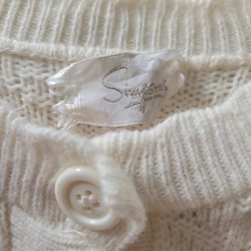 Vintage Cream White Knit Poncho Shawl Button Front Sweater with Fringe - Picture 7 of 7